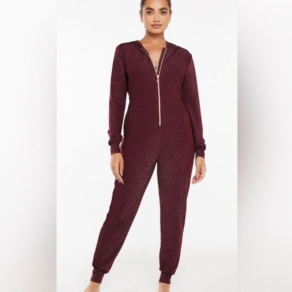 Savage X Fenty Sleep & Shine Hooded Jumpsuit Red Cocoa Size S Burgundy Glitter - Picture 1 of 15